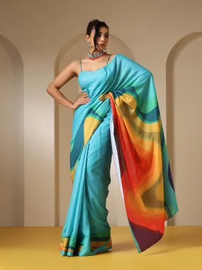 Ocean Blue Soft Linen Blend Saree with Blouse Fabric