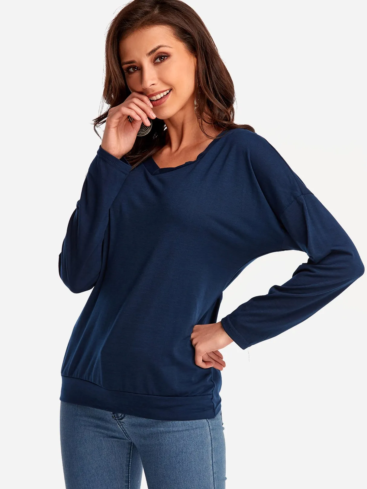 OEM ODM V-Neck Plain Backless Long Sleeve Navy T-Shirts