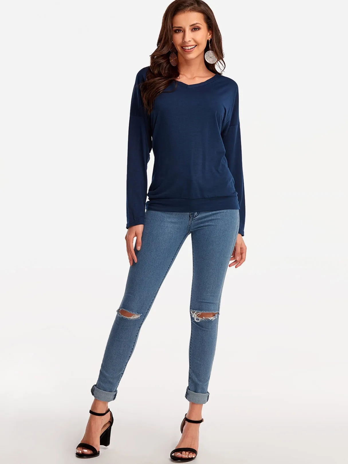 OEM ODM V-Neck Plain Backless Long Sleeve Navy T-Shirts