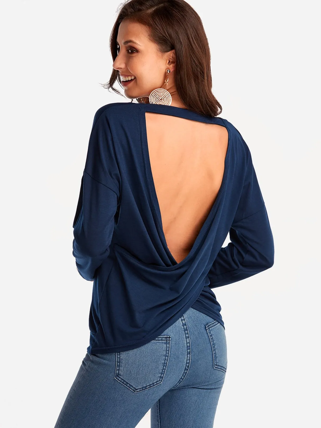 OEM ODM V-Neck Plain Backless Long Sleeve Navy T-Shirts