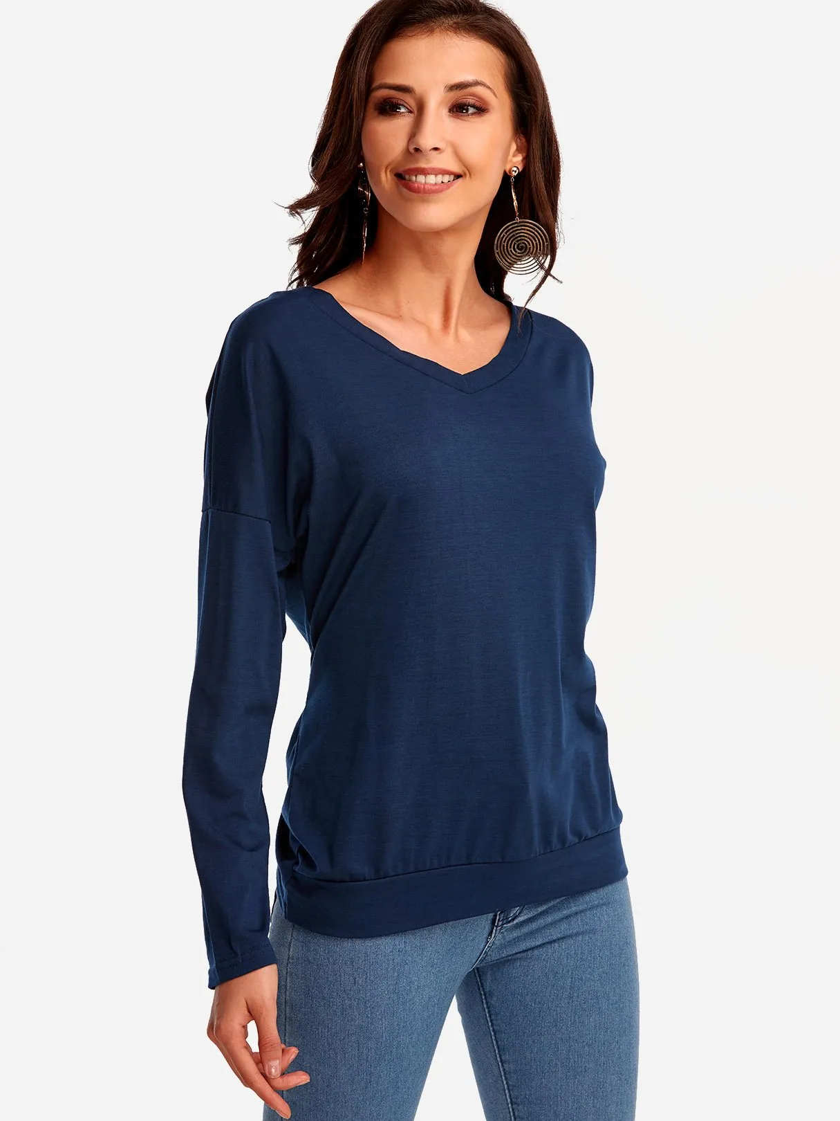 OEM ODM V-Neck Plain Backless Long Sleeve Navy T-Shirts