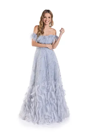 Off Shoulder Feather A-line Gown by Lucci Lu C8052