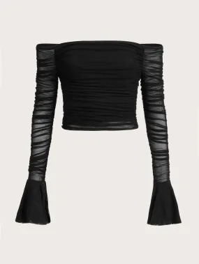 Off Shoulder Flounce Sleeve Ruched Mesh Crop Top