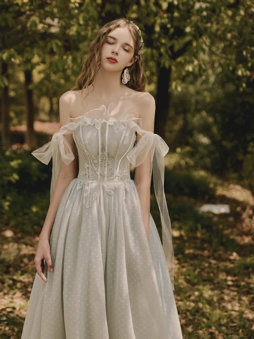 Off  Shoulder Gray Prom Dress Sparkly Formal Evening Gown 221
