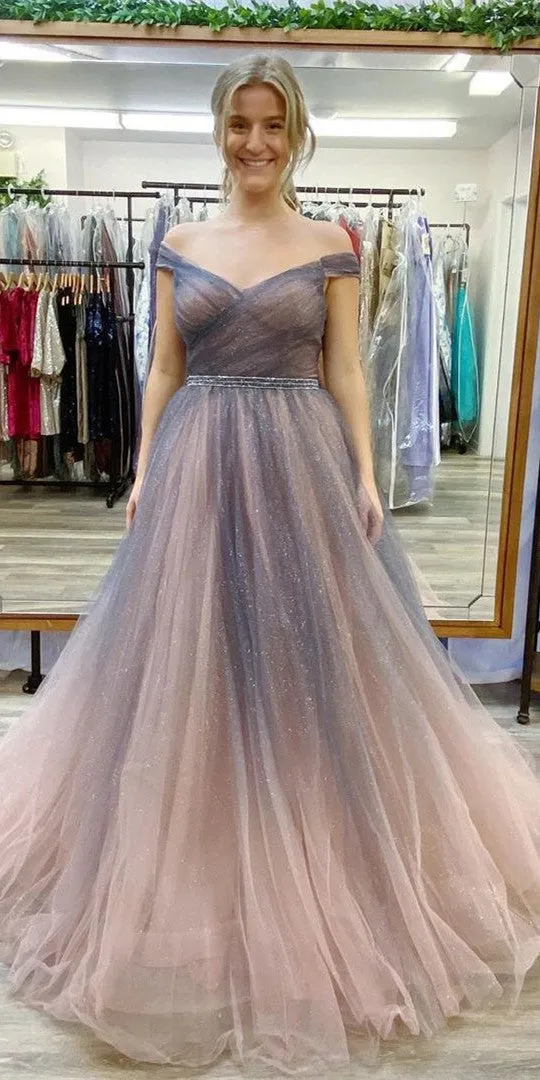Off Shoulder Long A-line Prom Dresses, Shiny Prom Dresses, Popular 2021 Prom Dresses