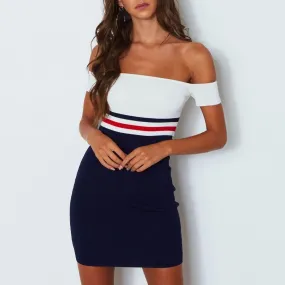 Off Shoulder Patchwork Color Bodycon Mini Dress