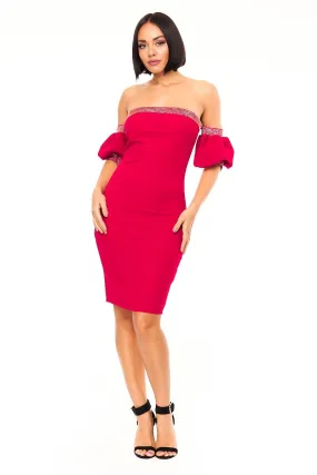 Off Shoulder Ruffle Sleeve Midi Dress - Red