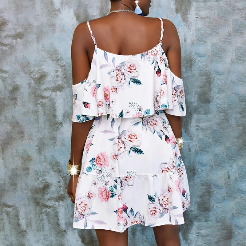 Off Shoulder Ruffled Hem Floral Graphic Dress