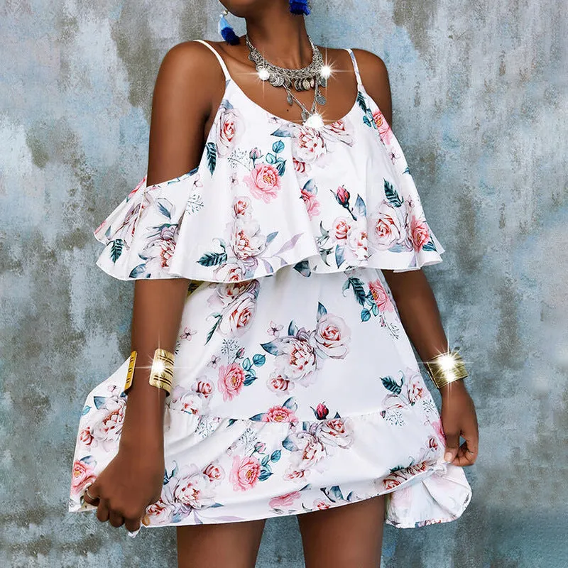 Off Shoulder Ruffled Hem Floral Graphic Dress
