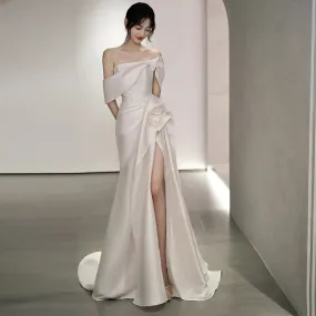 Off Shoulder Satin Wedding Dress White Mermaid Long Prom Dress with Slit 562
