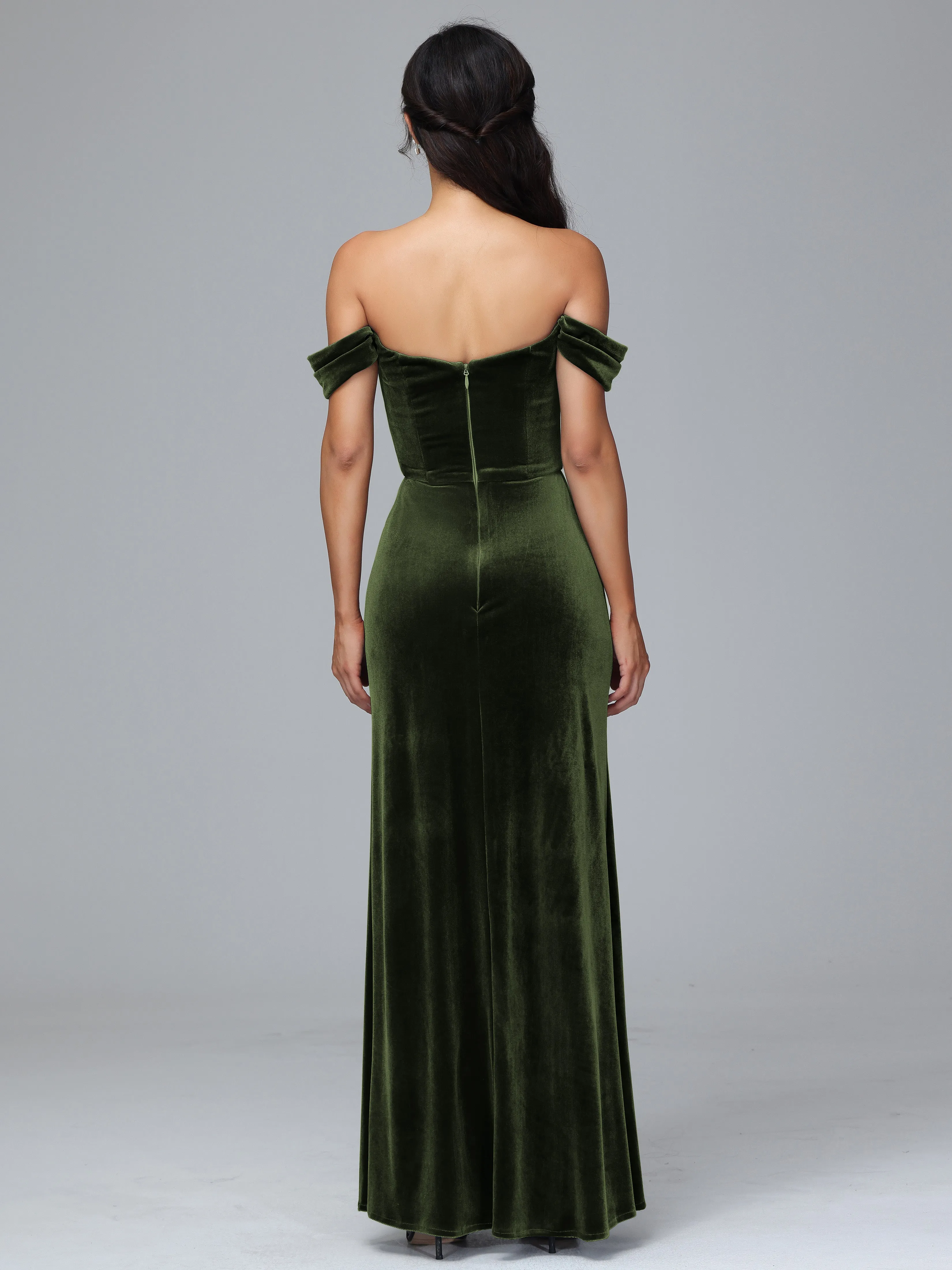 Off Shoulder Zipper Split Velvet Bridesmaid Dresses