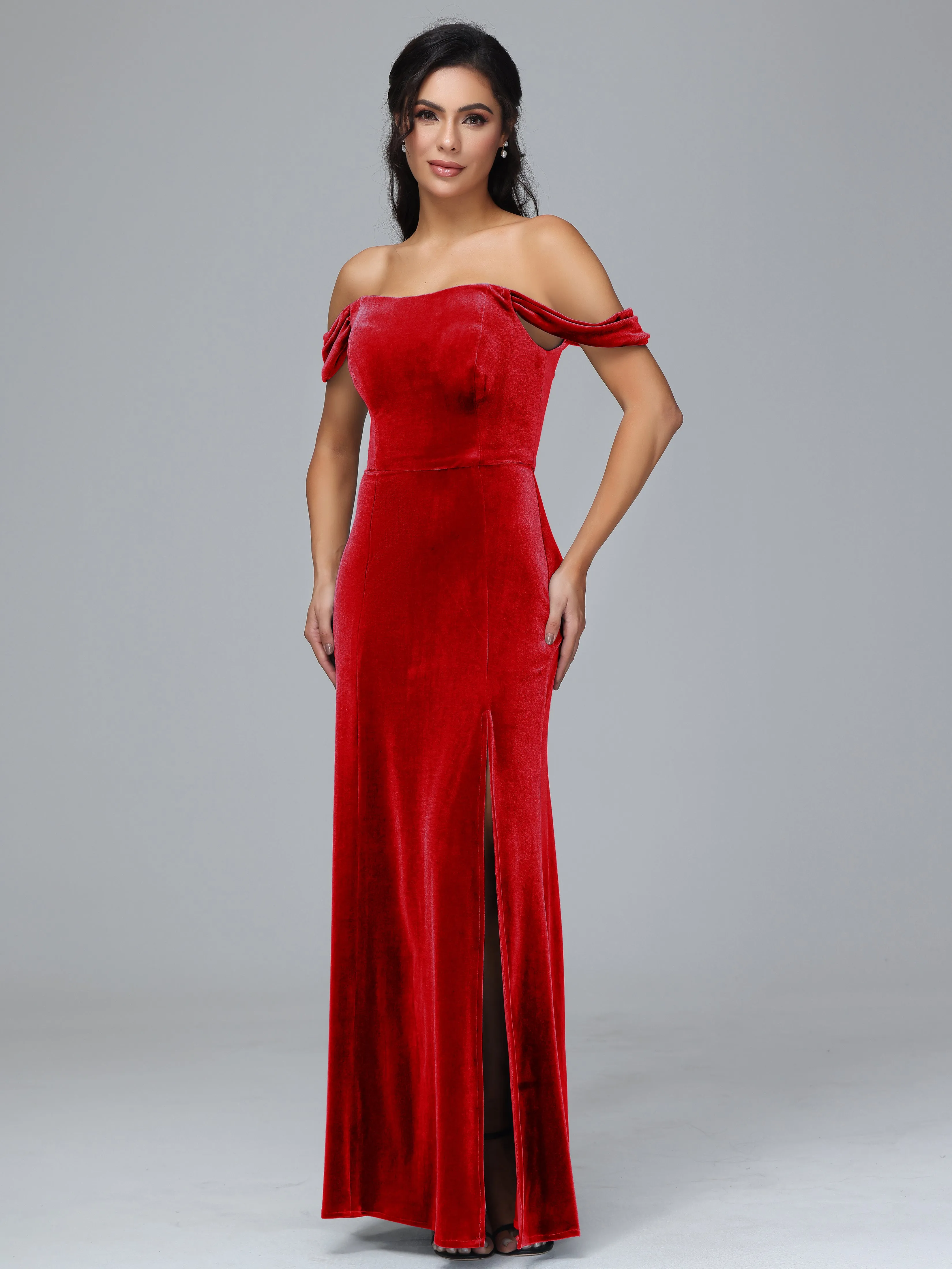 Off Shoulder Zipper Split Velvet Bridesmaid Dresses