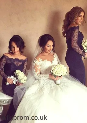 Off-The-Shoulder Sheath/Column Sweep Train Elastic Satin Bridesmaid Dresses With Lace Sasha SWKP0025513