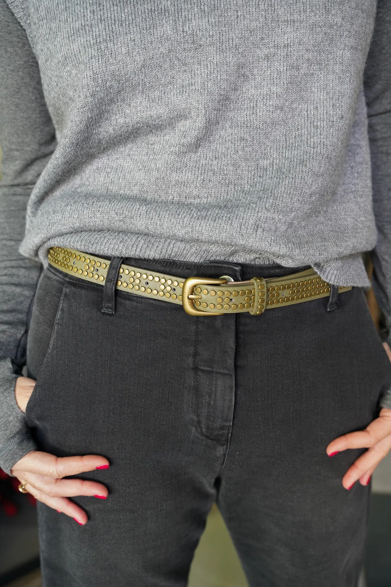 Olive Brass Studded Belt