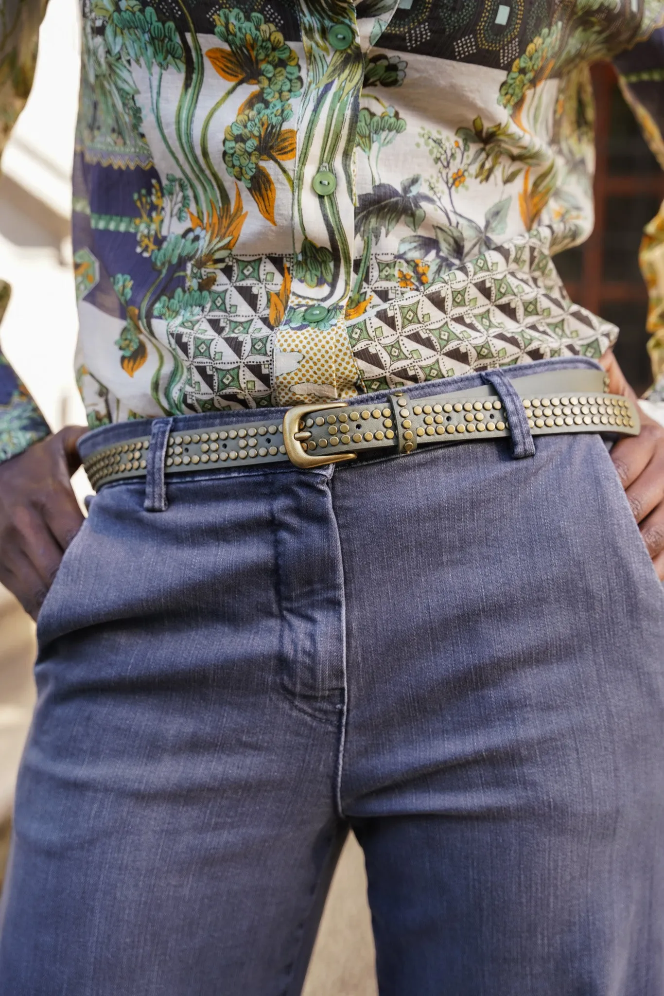 Olive Brass Studded Belt