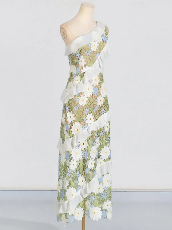 One-Shoulder Floral Embroidered Maxi Dress for Garden Parties