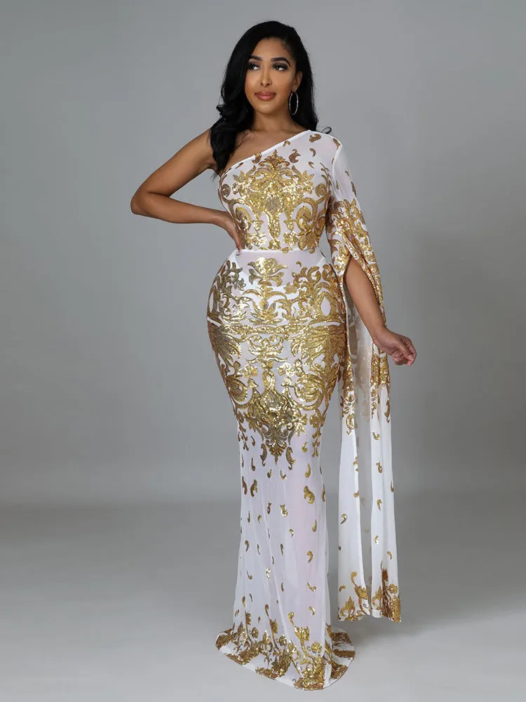 One Shoulder Mesh Bodycon Maxi Dresses