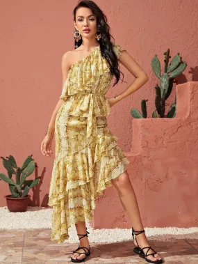 One Shoulder Ruffle Trim Belted Snakeskin Peplum Top