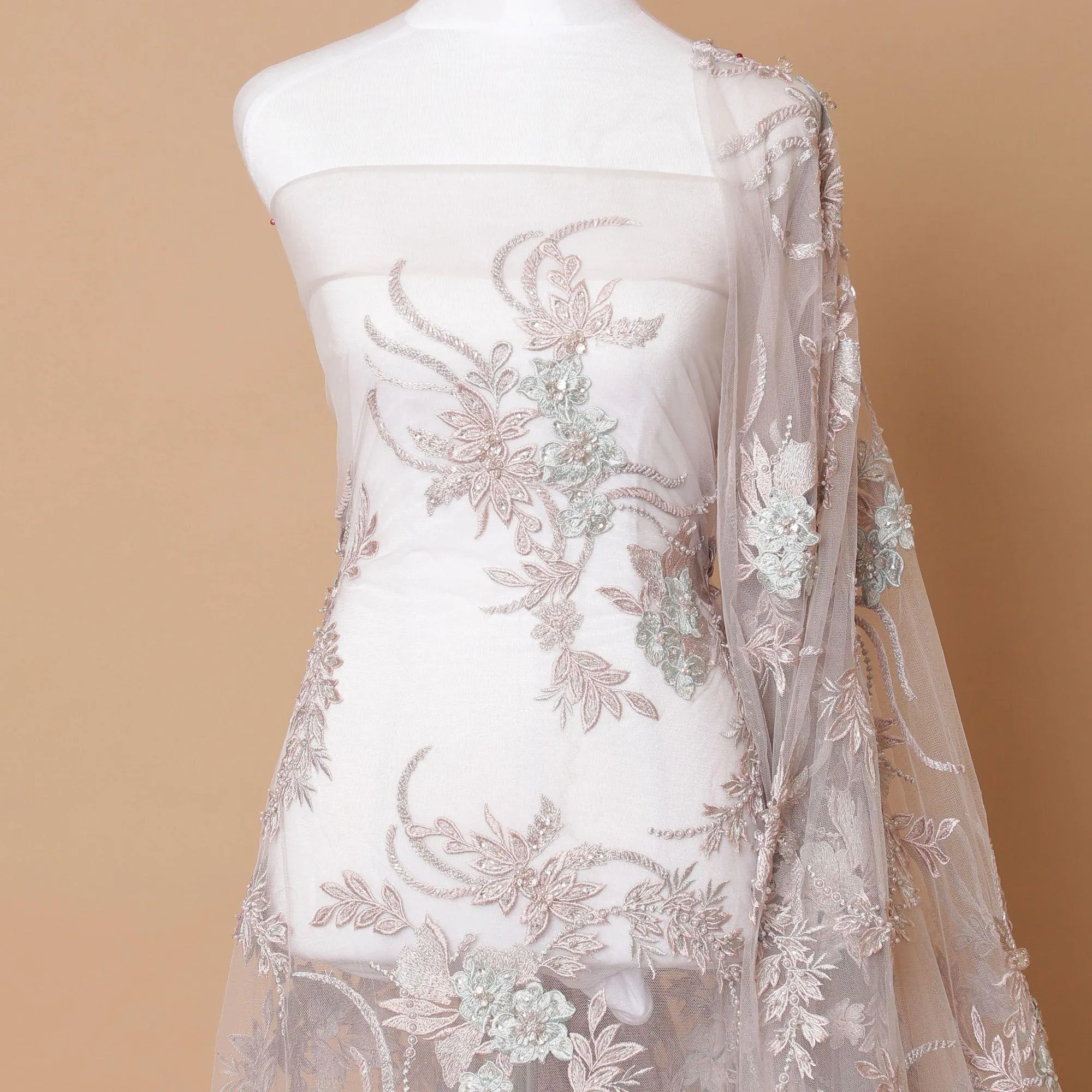 Onion pink Premium wedding nylon tulle fabric with same tone embroidery, beads,  pearls, beads, sequins and powder blue  applique work in floral design-D7912