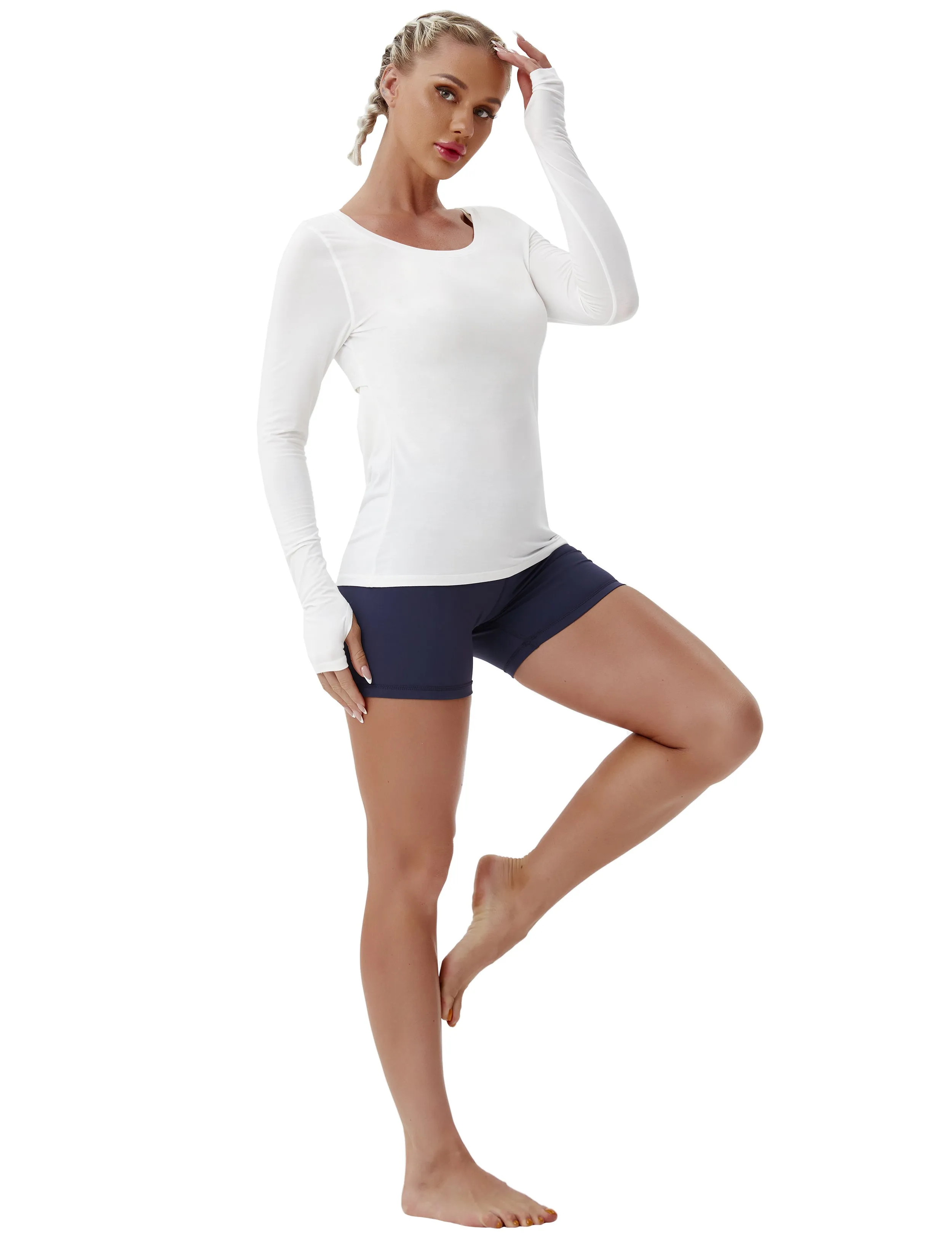 Open Back Long Sleeve Tops white_Running