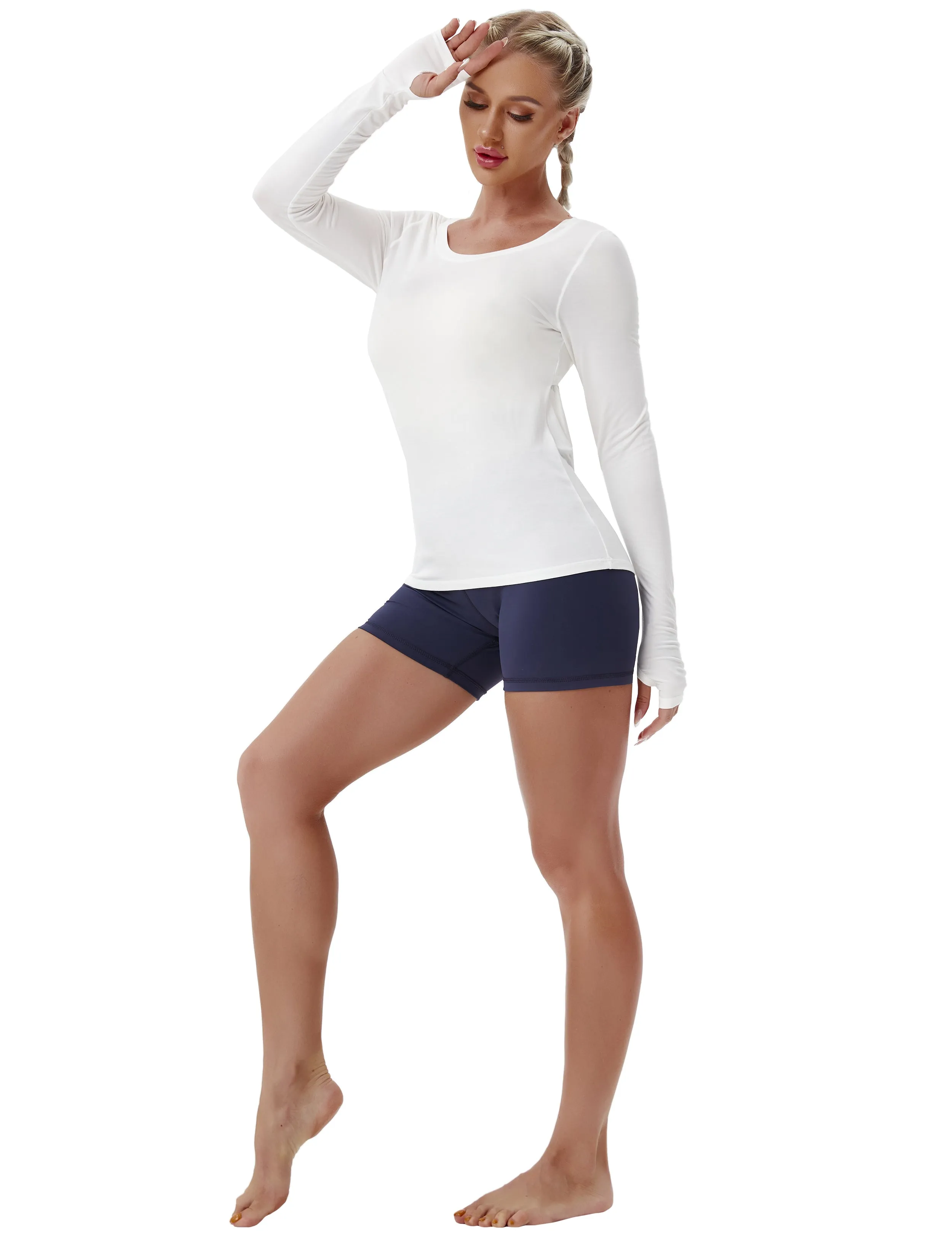 Open Back Long Sleeve Tops white_Running