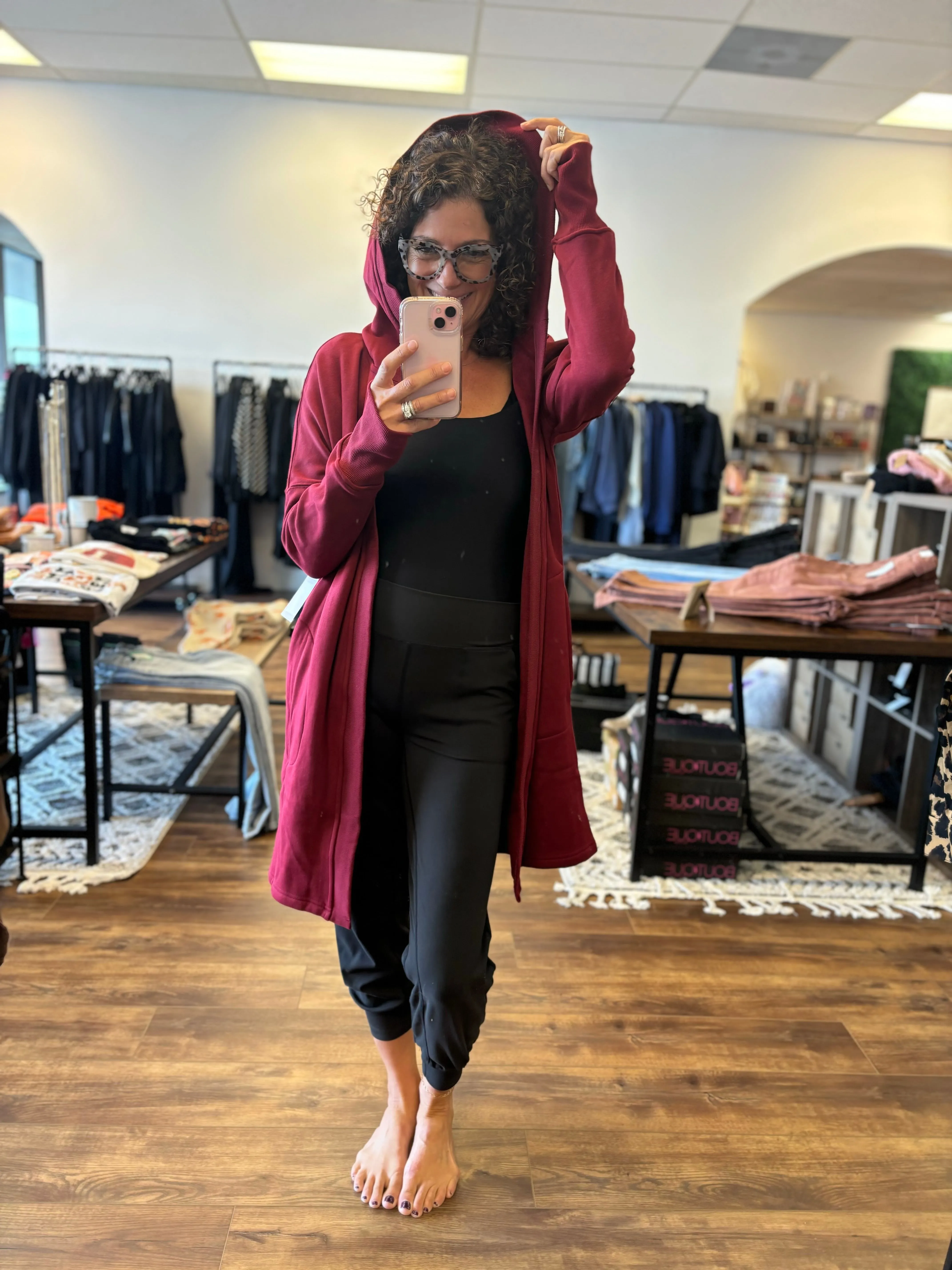 Open Front Longline Cardigan with Hoodie - Maroon