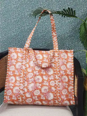 Orange & White Jute Handblock Printed Tote Bag Without Zip