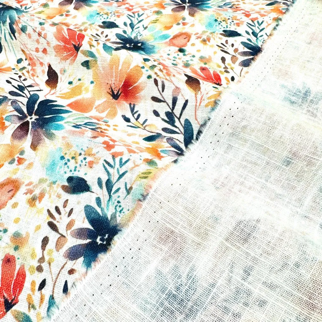 Orange and Midnight Floral Linen Blend Fabric