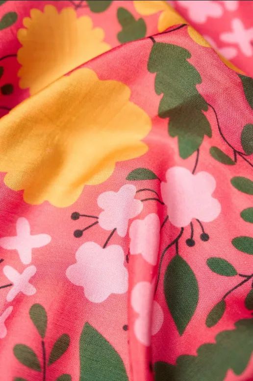 Orange Big Flower Pattern With Pink Background Natural Muslin Silk Fabric