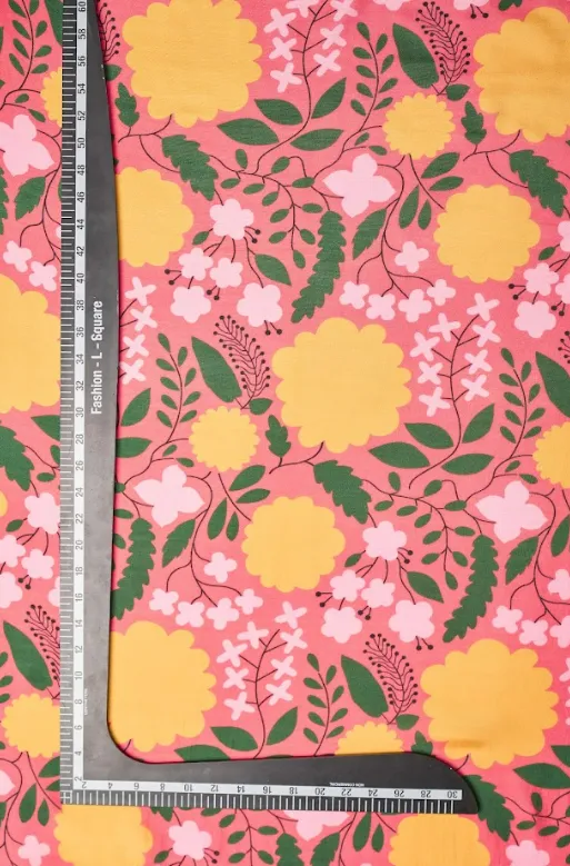 Orange Big Flower Pattern With Pink Background Natural Muslin Silk Fabric