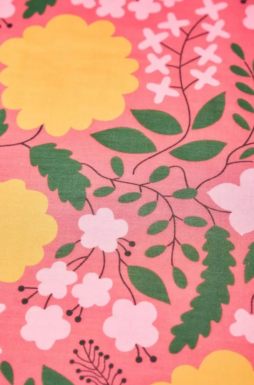 Orange Big Flower Pattern With Pink Background Natural Muslin Silk Fabric