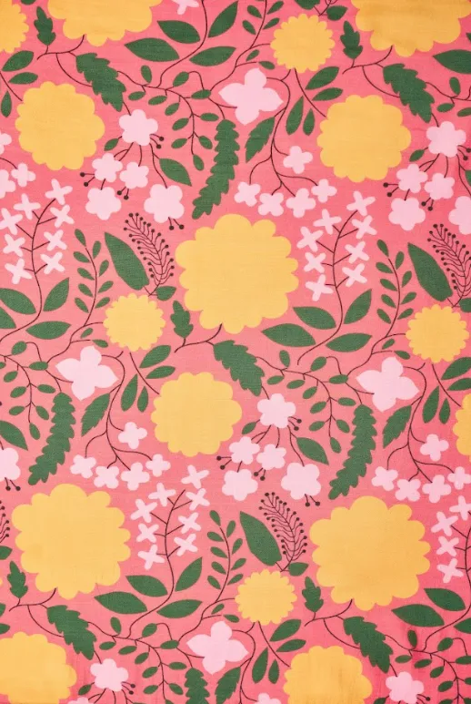 Orange Big Flower Pattern With Pink Background Natural Muslin Silk Fabric