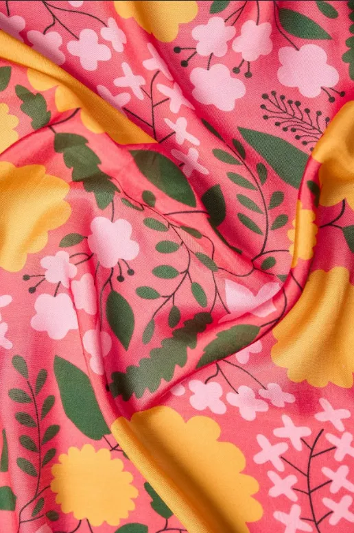 Orange Big Flower Pattern With Pink Background Natural Muslin Silk Fabric