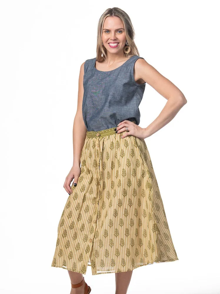 Orange Paisley & Polka Dots Button Midi Skirt - L
