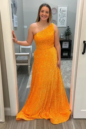 Orange Sequins One Shoulder Long Prom Dresses, Shiny Orange Formal Graduation Evening Dresses WT1090