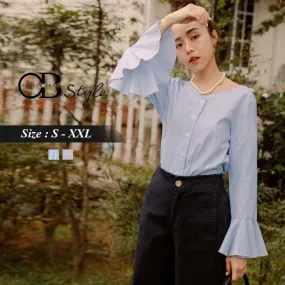 ORANGEBEAR RUFFLE SLEEVE STRIPED TOPS