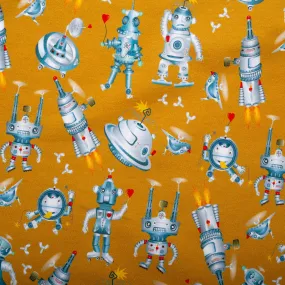 ORGANIC Printed Sweatshirt Fleece - GOTS - Robots - Topaz