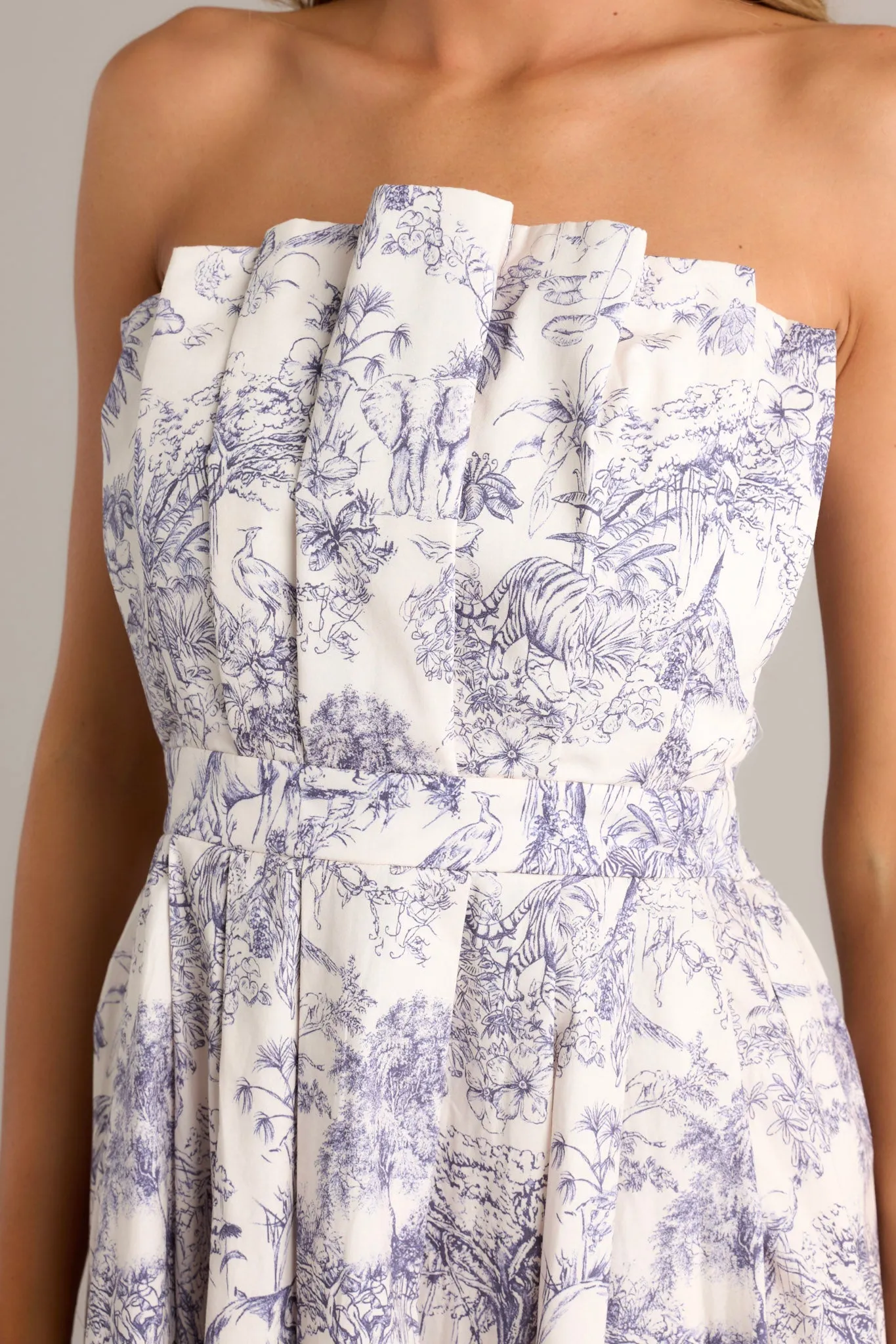 Our Life Together Navy Toile Strapless Midi Dress