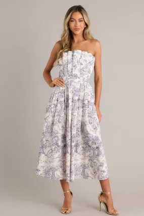 Our Life Together Navy Toile Strapless Midi Dress