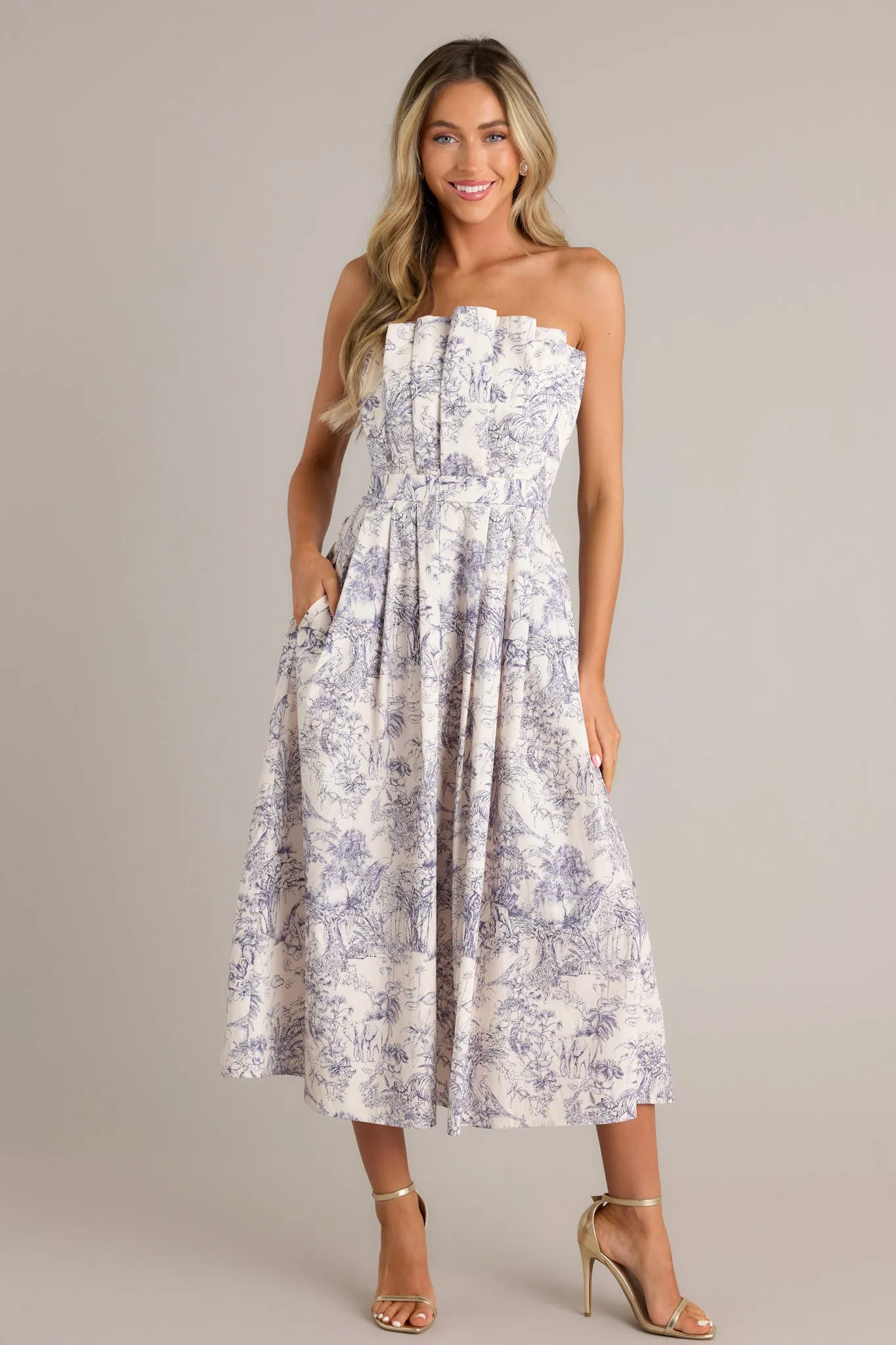 Our Life Together Navy Toile Strapless Midi Dress