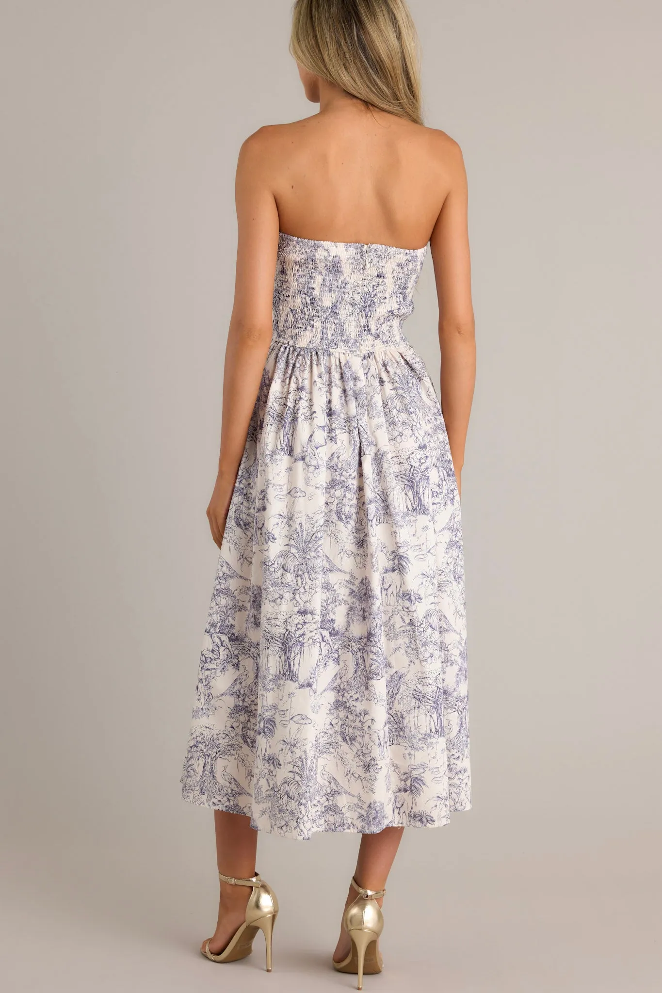 Our Life Together Navy Toile Strapless Midi Dress