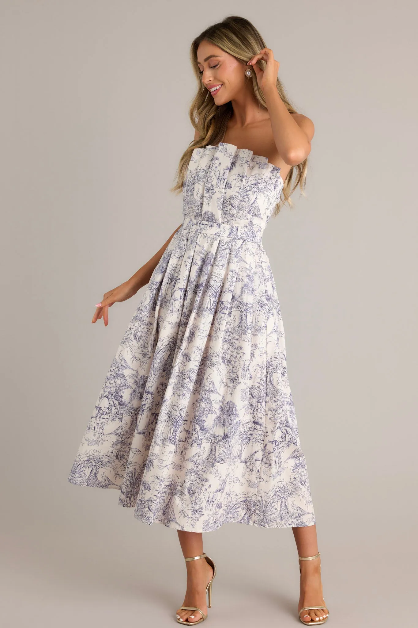 Our Life Together Navy Toile Strapless Midi Dress