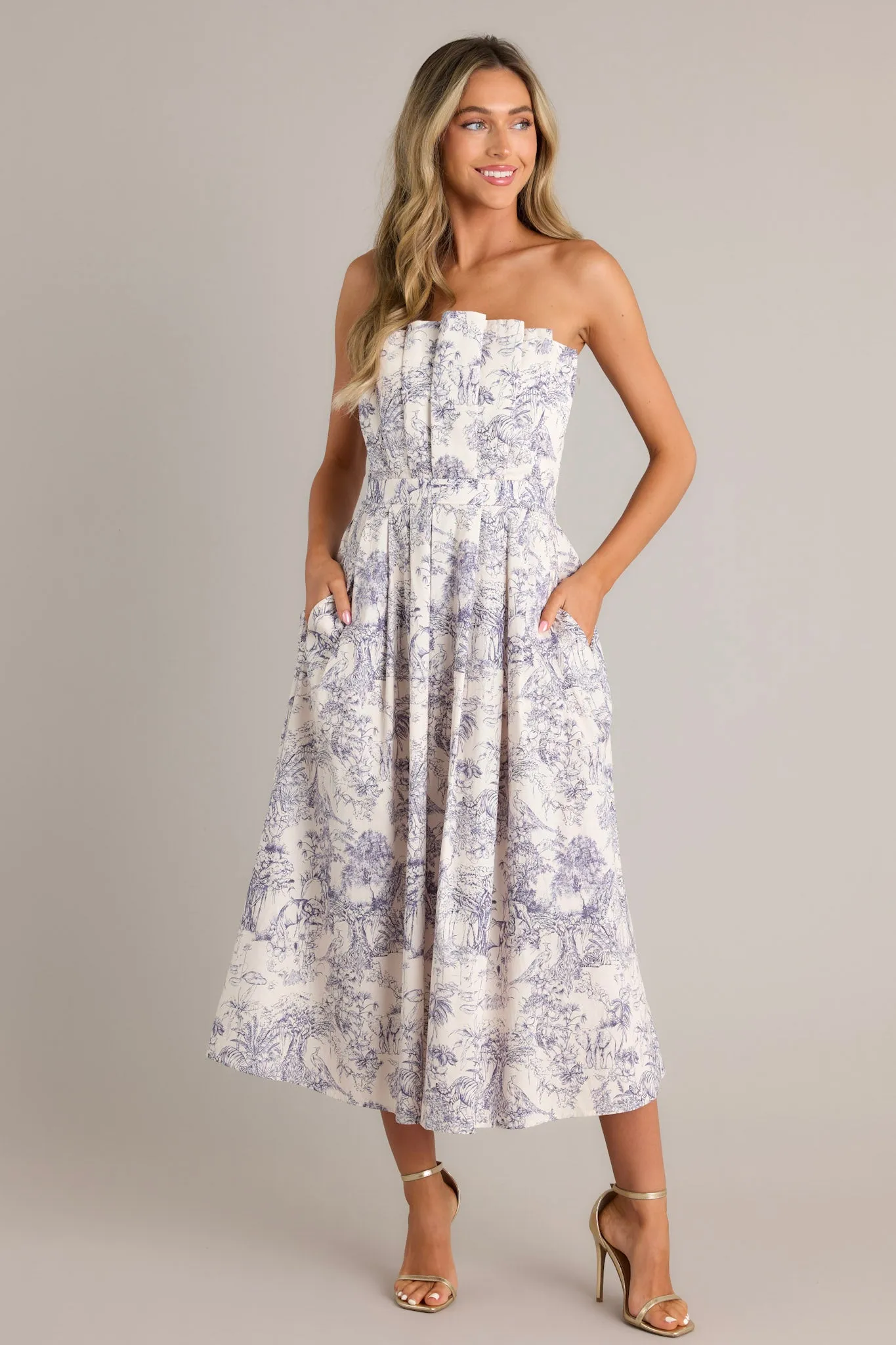Our Life Together Navy Toile Strapless Midi Dress