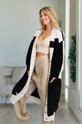 Oversized Color Block Button-Up Knit Cardigan