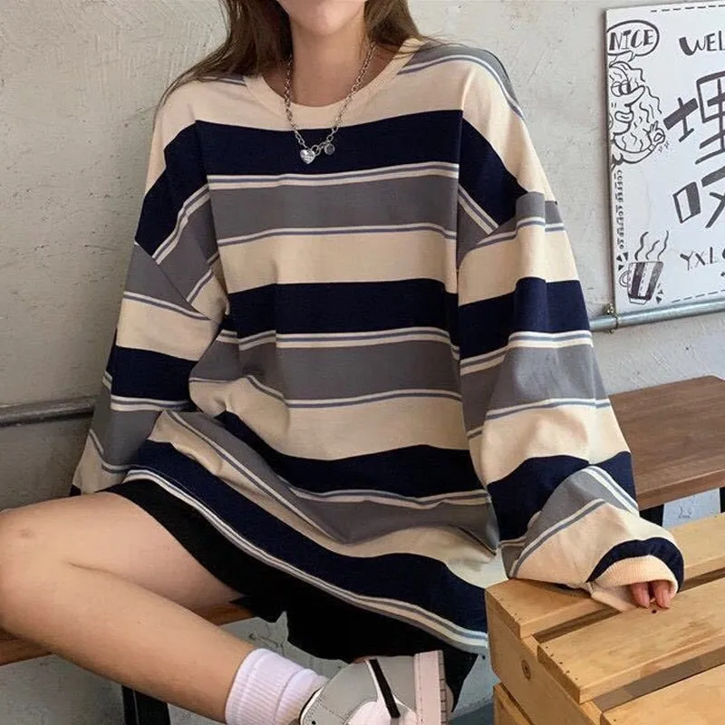 Oversized Pullovers Stripe Print Dress Shirt