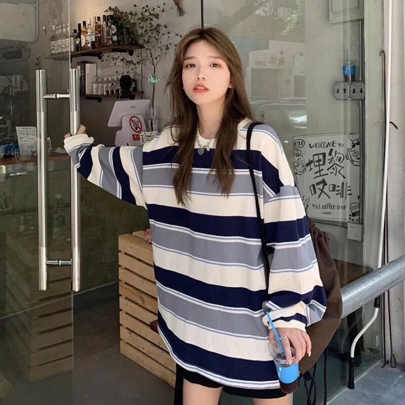 Oversized Pullovers Stripe Print Dress Shirt