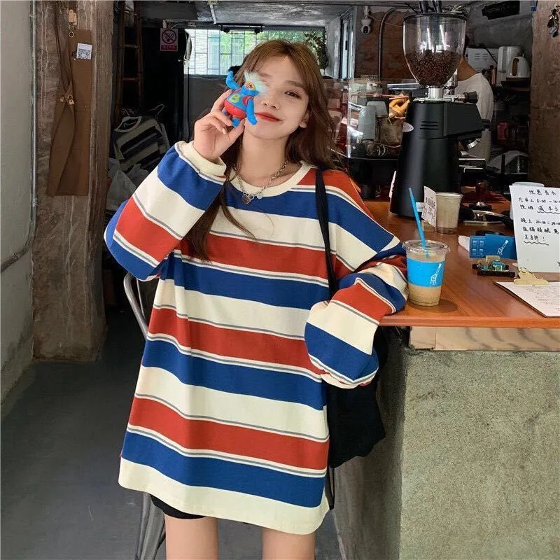 Oversized Pullovers Stripe Print Dress Shirt