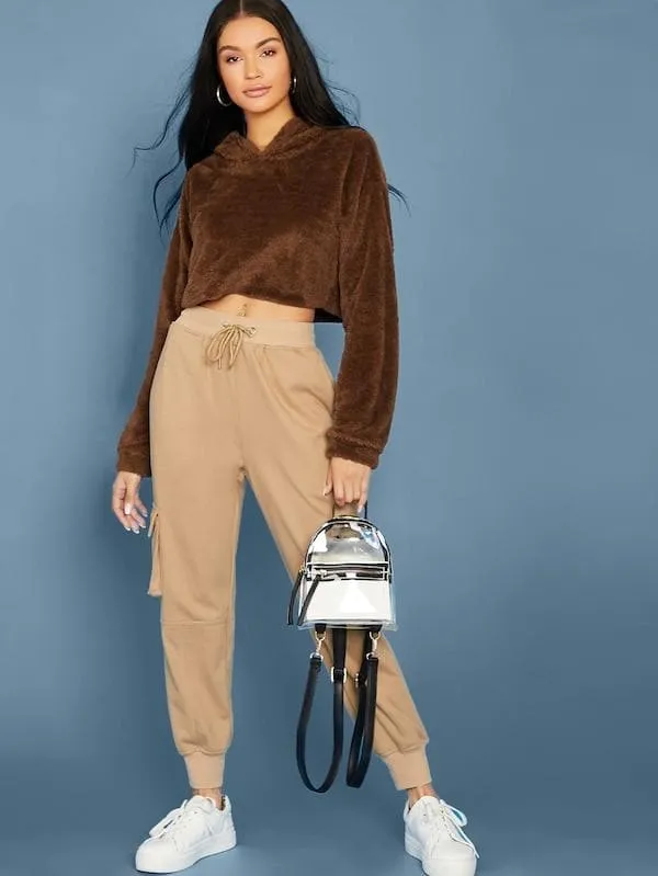Oversized Drop Shoulder Crop Teddy Hoodie Pullover