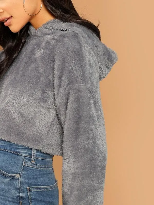 Oversized Drop Shoulder Crop Teddy Hoodie Pullover