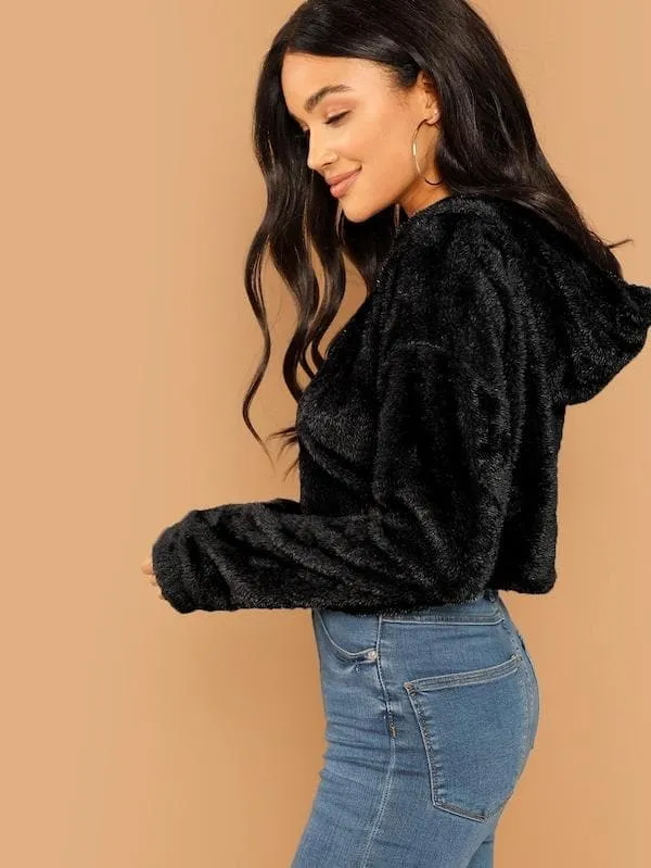 Oversized Drop Shoulder Crop Teddy Hoodie Pullover